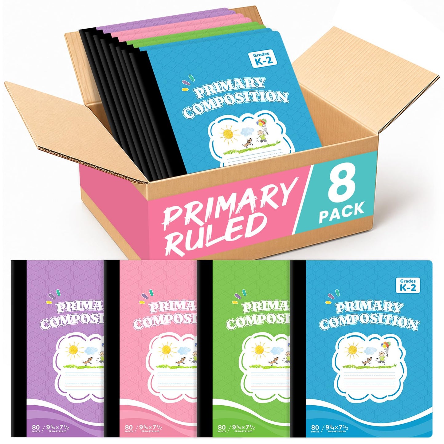 Primary Ruled Composition Notebook K-2, Cute Composition Notebook | 4 Pack 9-3/4" x 7-1/2", 160 Pages (80 Sheets), Pastel Primary Composistion Notebook Perfect for School Office Supplies
