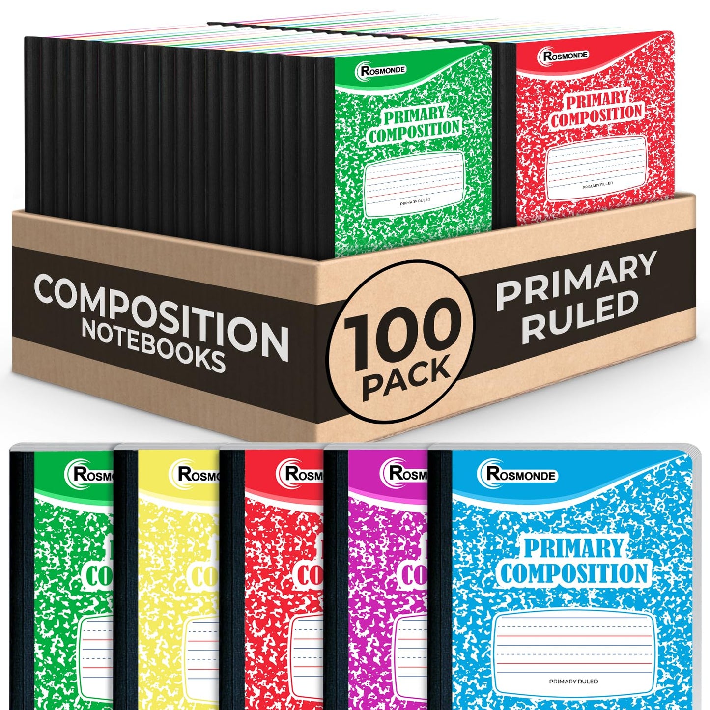 5 Pack Composition Notebooks Primary Ruled, Color Marble Notebooks | Writing Dotted Lined, Grades K-2 Writing Workbook, 200 Pages (100 Sheets), 9-3/4" x 7-1/2", Sewn Binding, Hardcover Notebooks