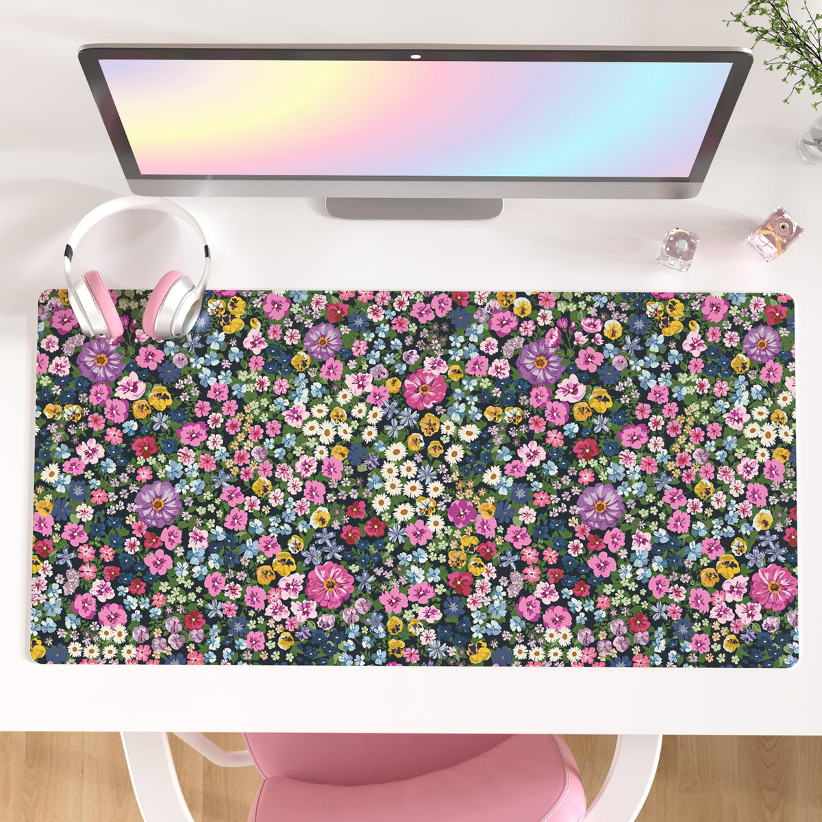 Faux Leather Large Mouse Pad, Office Desk Mat, 31.5"x15.7", Pink Floral | Desk Décor Accessories, Extended Size, Waterproof & Easy to Clean, Smooth Surface, Non Slip Desk Organization
