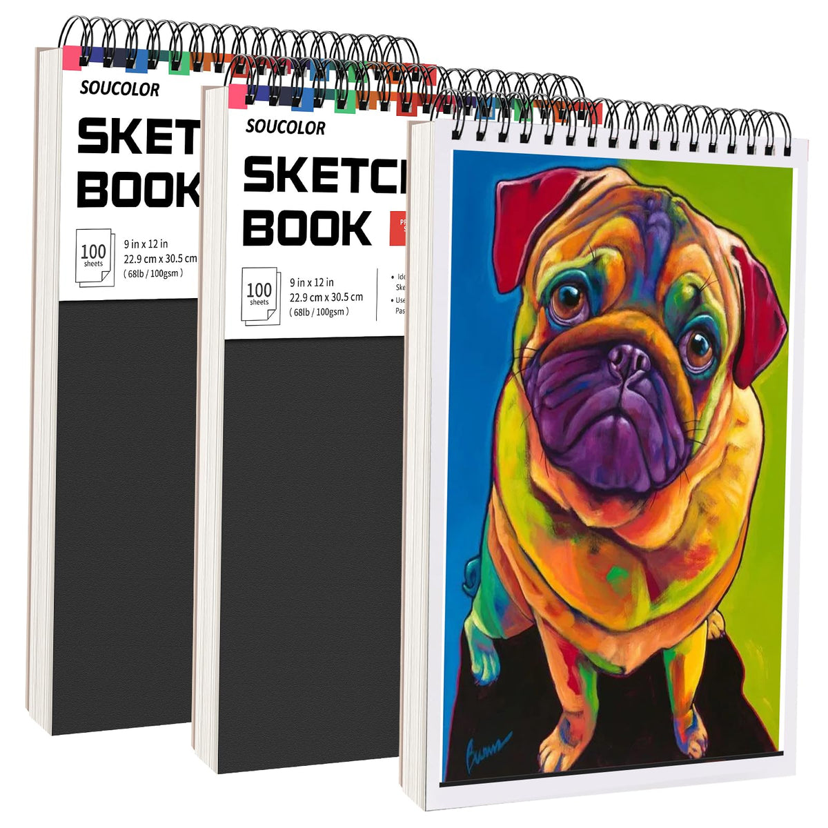 Soucolor Sketch Book 9" x 12", 100 Sheets Kids Art Sketchbook Drawing Pad | 68lb Acid-Free, Fine-Texture Paper, Top Spiral for Lay-Flat, Gift for Teens Girls Boys Beginners Adults, School Art Supplies