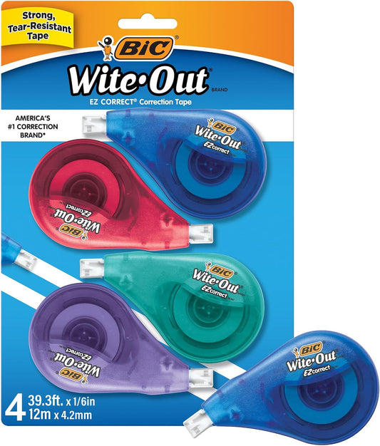 BIC Wite-Out Brand EZ Correct Correction Tape, 39.3 feet, 4-Count Pack of White Correction Tape, Fast, Clean and Easy to Use Tear-Resistant Tape Office or School Supplies | Instant Dry Application for Quick Corrections | Tear Resistant for Durability | Cl