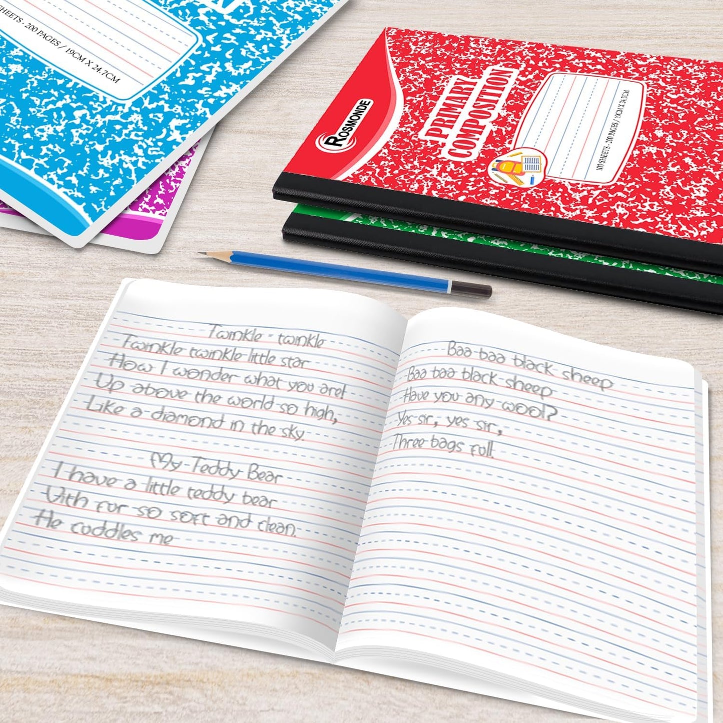 5 Pack Composition Notebooks Primary Ruled, Color Marble Notebooks | Writing Dotted Lined, Grades K-2 Writing Workbook, 200 Pages (100 Sheets), 9-3/4" x 7-1/2", Sewn Binding, Hardcover Notebooks