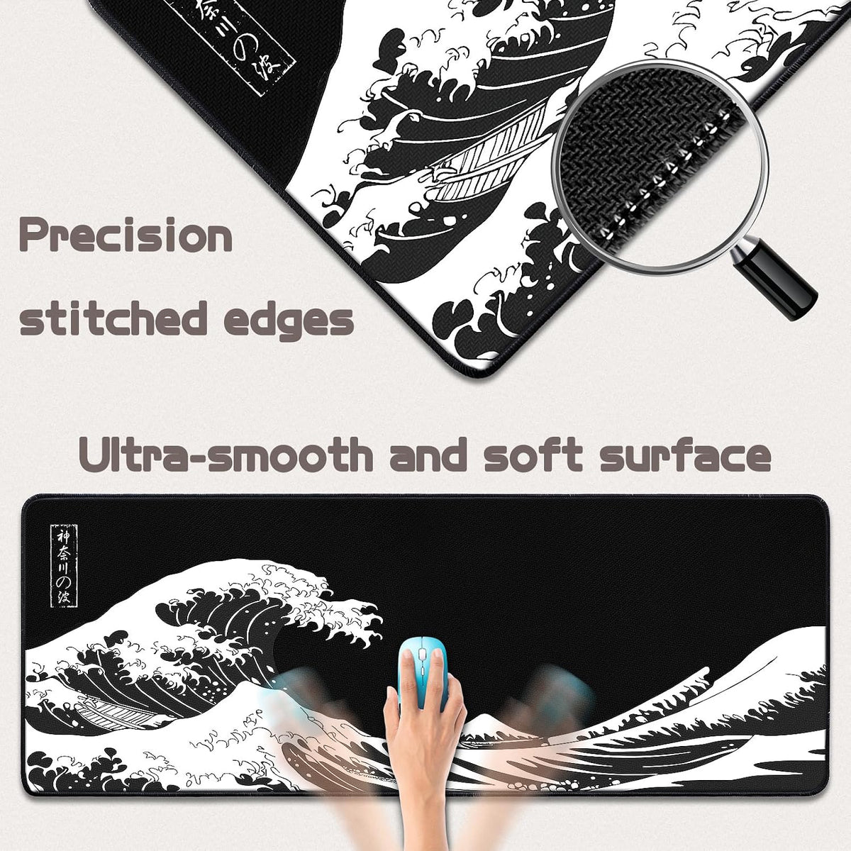 Mouse Pad Gaming - Desk Mat for Keyboard and Mouse - Kanagawa Large Mouse Pad for Desk, Japanese Sea Wave Mousepad (31.5 x 11.8inch) with Non-Slip Base, Desks Pad Mat for Game, Office and Home