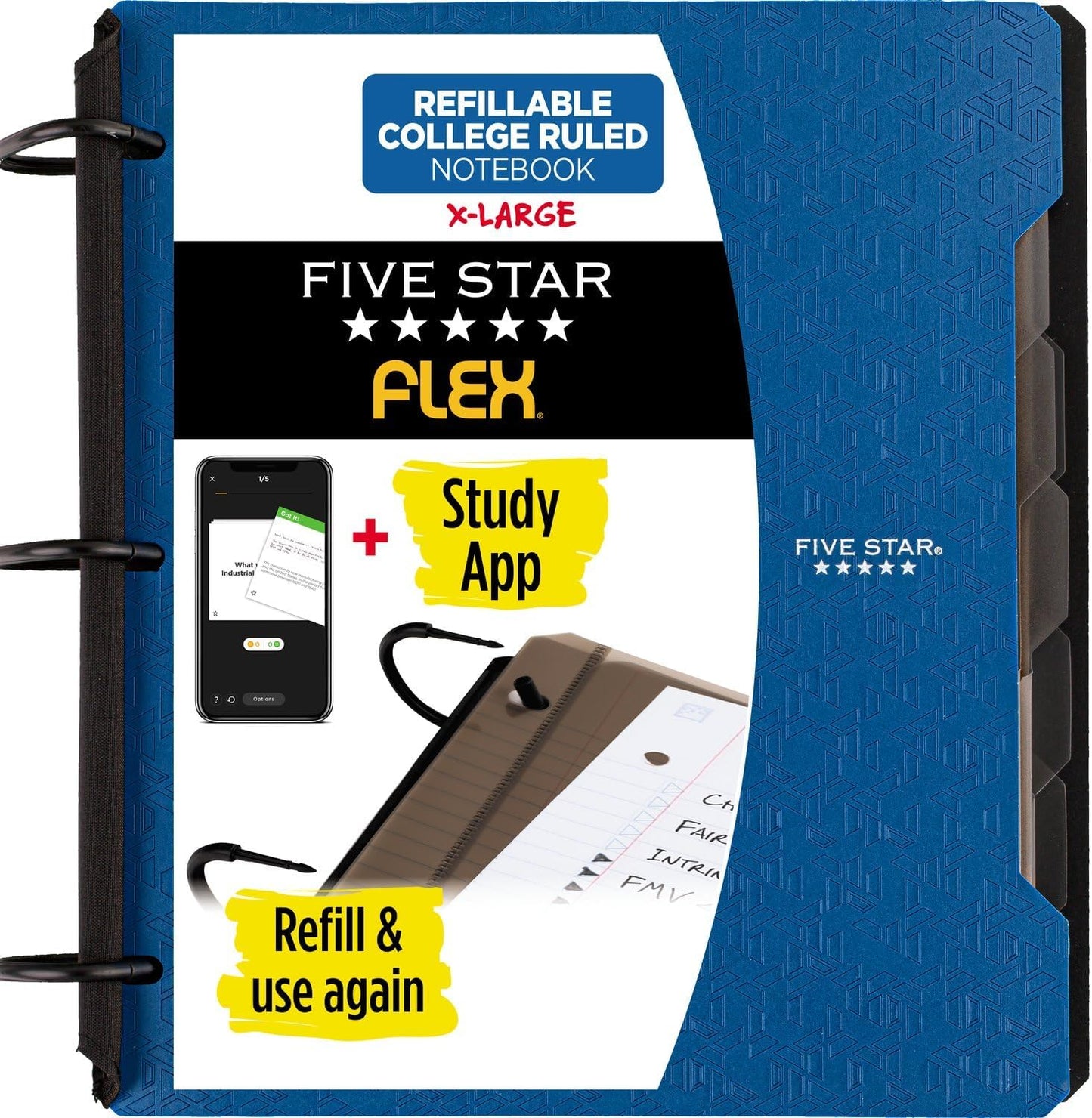Five Star Flex Refillable Notebook + Study App, College Ruled Paper and 1-1/2 Inch TechLock Ring Binder with Pockets, Tabs and Dividers, 300 Sheet Capacity, Pacific Blue (29324AD2)