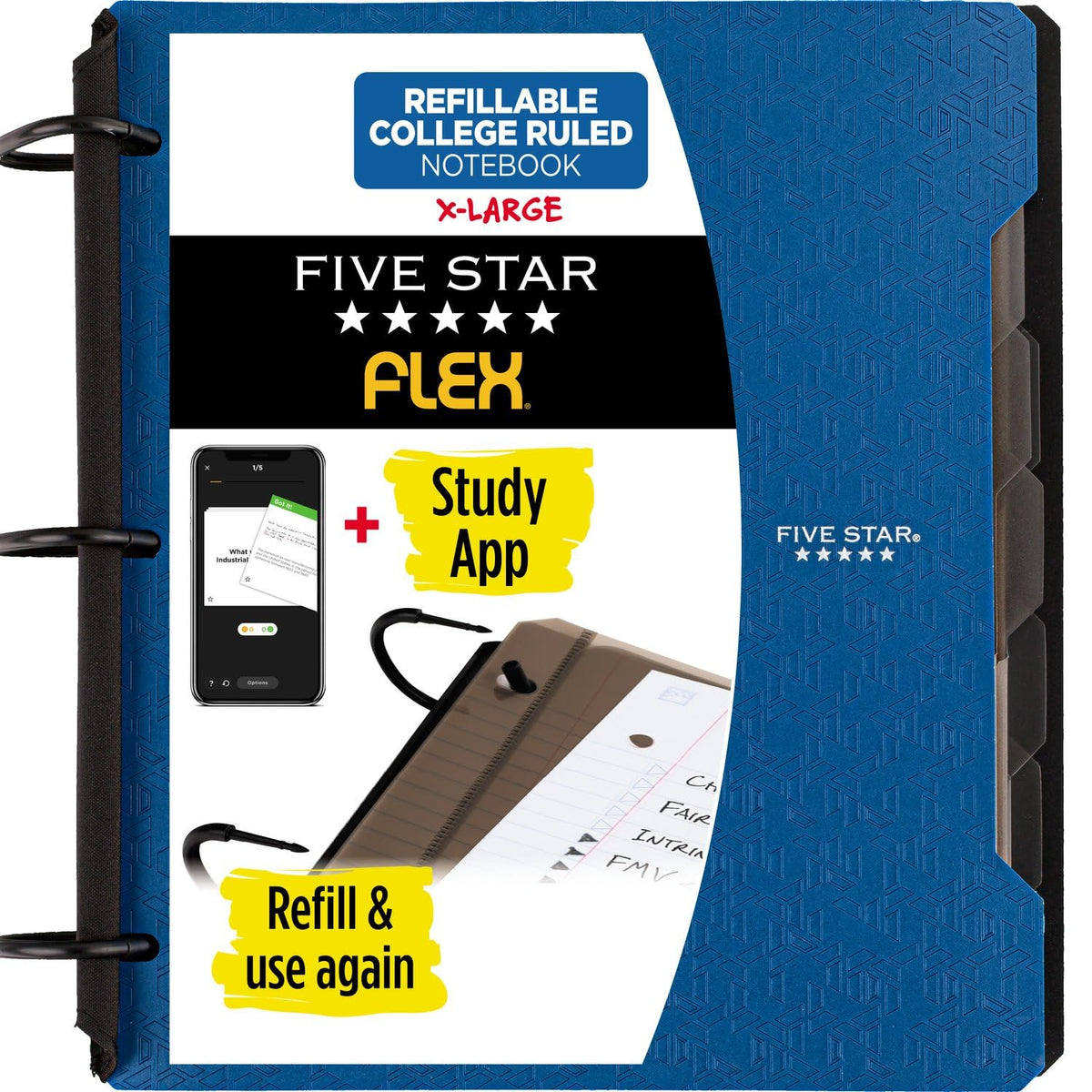Five Star Flex Refillable Notebook + Study App, College Ruled Paper and 1-1/2 Inch TechLock Ring Binder with Pockets, Tabs and Dividers, 300 Sheet Capacity, Pacific Blue (29324AD2)