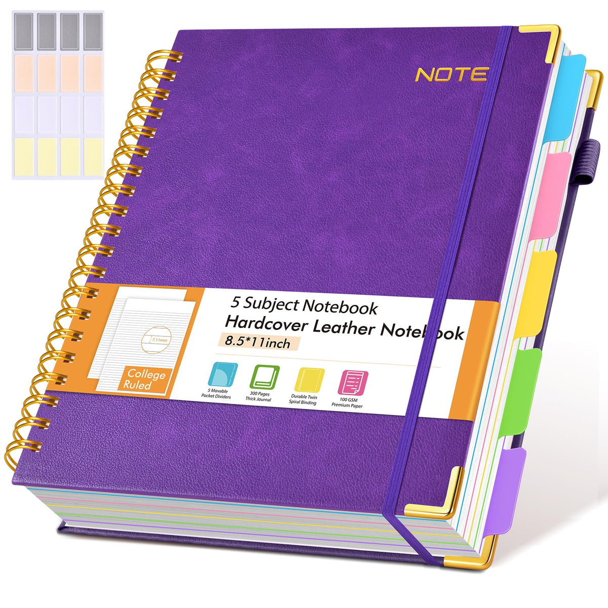 Hardcover Large Spiral Notebook 8.5" x 11" with Removable Dividers Tabs, 300 pages Leather 5 Subject Notebook College Ruled, A4 Journal for Women Men, Notebooks for Work School Note taking,Purple