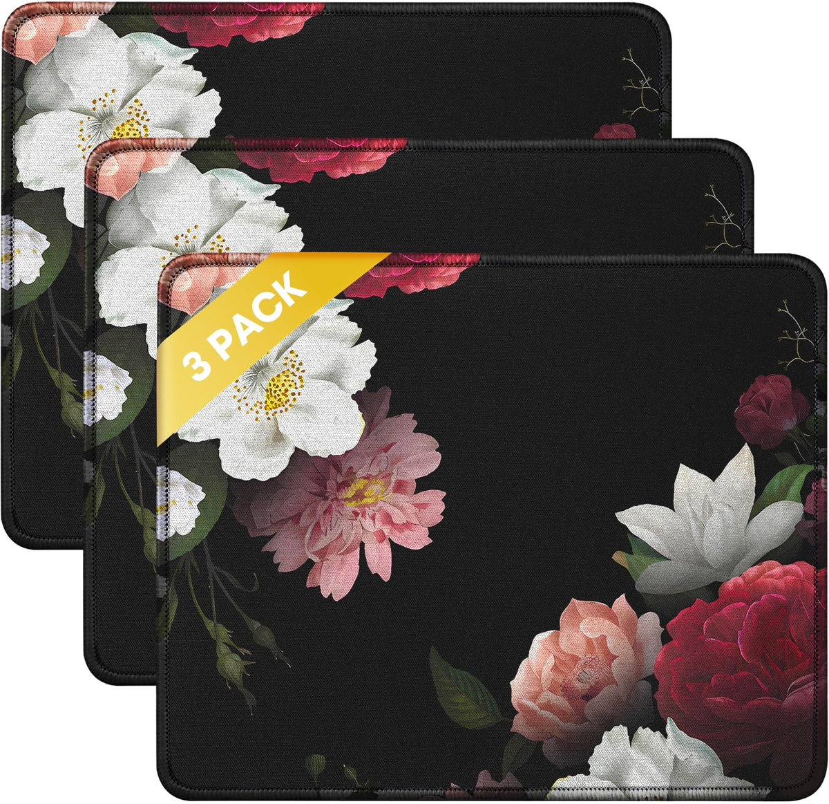 JIKIOU 3 Pack Mouse Pad with Stitched Edge, Perfect Size 10.2x8.3in Black | Anti-Fray, Comfortable Smooth Lycra Surface, Non-Slip Rubber Base, Machine Washable Fade-resistant, Compatible with All Mice