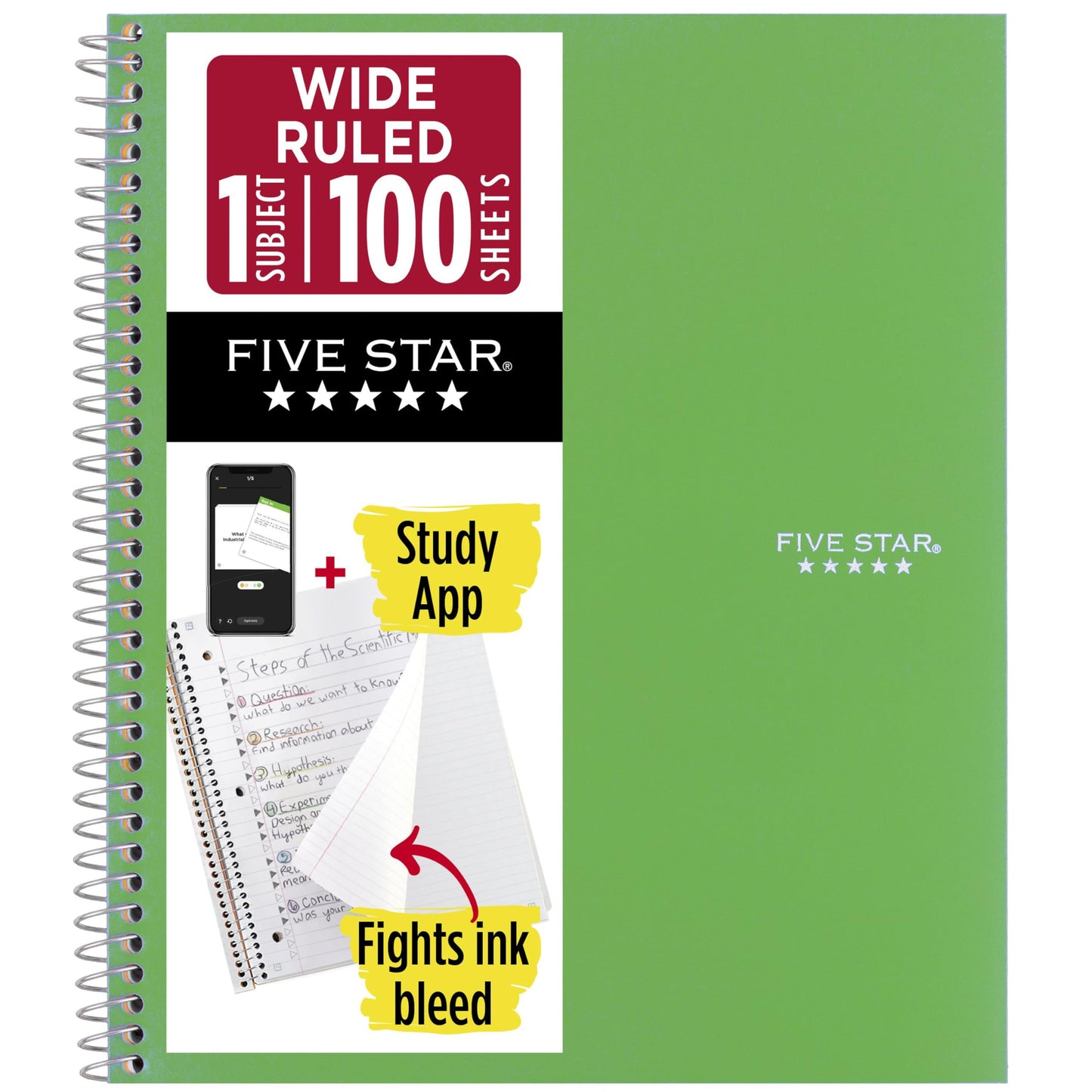 Five Star Spiral Notebook + Study App, 1 Subject, Wide Ruled Paper, 8" x 10.5", 100 Sheets, Fights Ink Bleed, Water Resistant Cover, Vivid Yellow (930010CJ1)