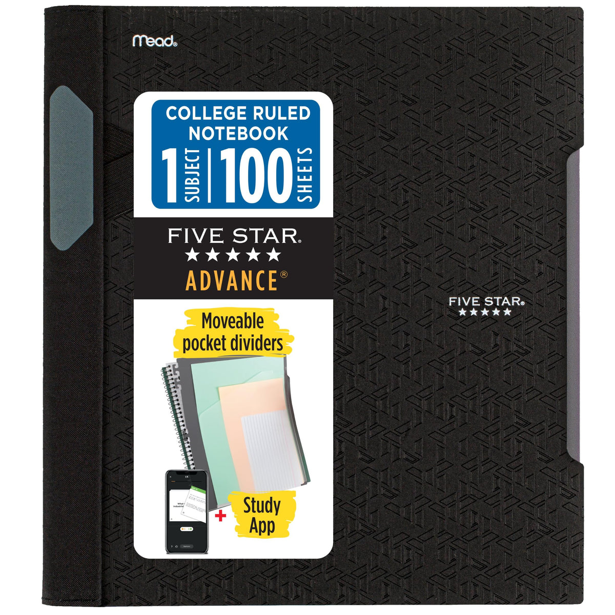 Five Star Advance Spiral Notebooks + Study App, 2 Pack, 1 Subject, College Ruled Paper, 11" x 8-1/2", 100 Sheets, With Spiral Guard and Movable Dividers, Black, Pacific Blue (820112)