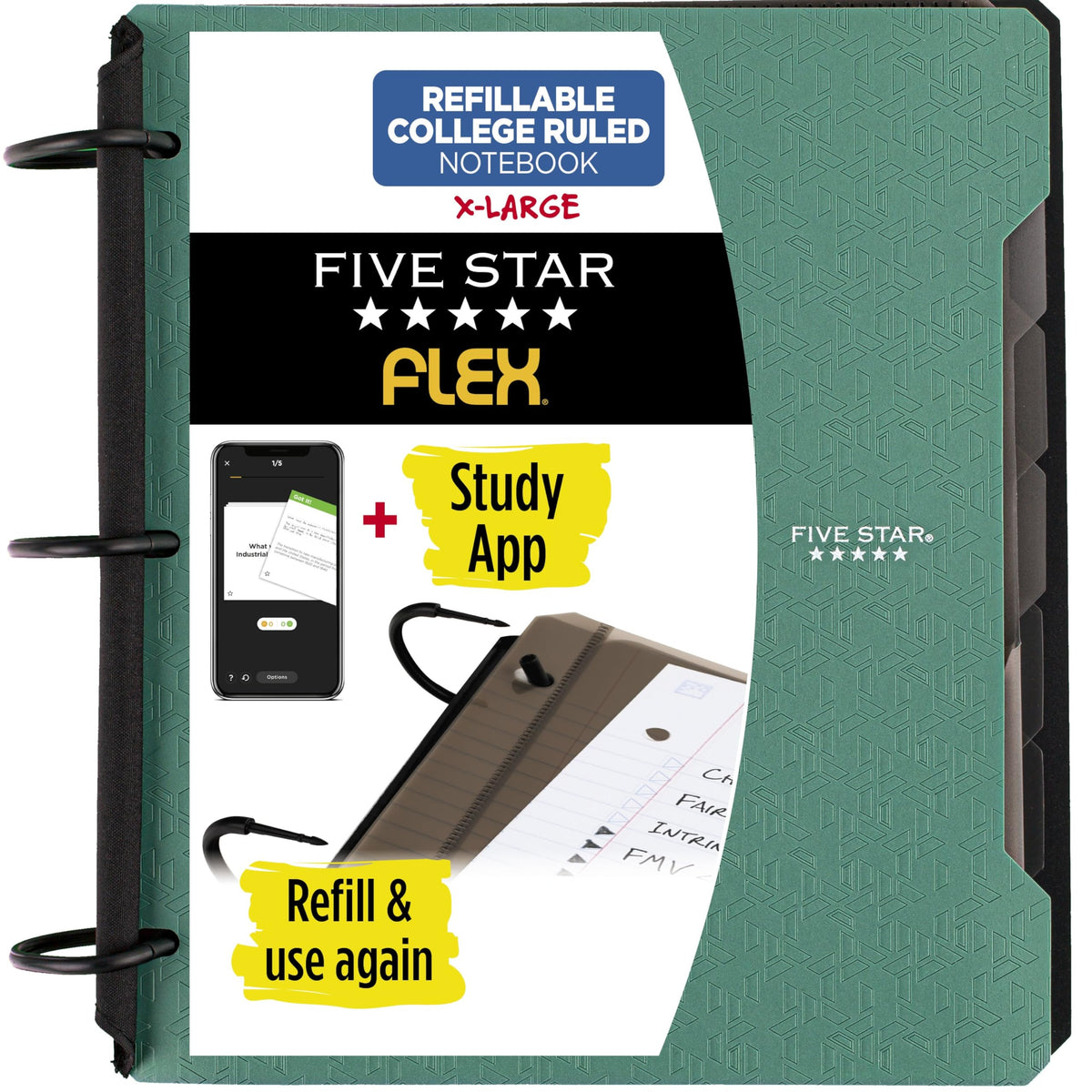 Five Star Flex Refillable Notebook + Study App, College Ruled Paper and 1-1/2 Inch TechLock Ring Binder with Pockets, Tabs and Dividers, 300 Sheet Capacity, Pacific Blue (29324AD2)
