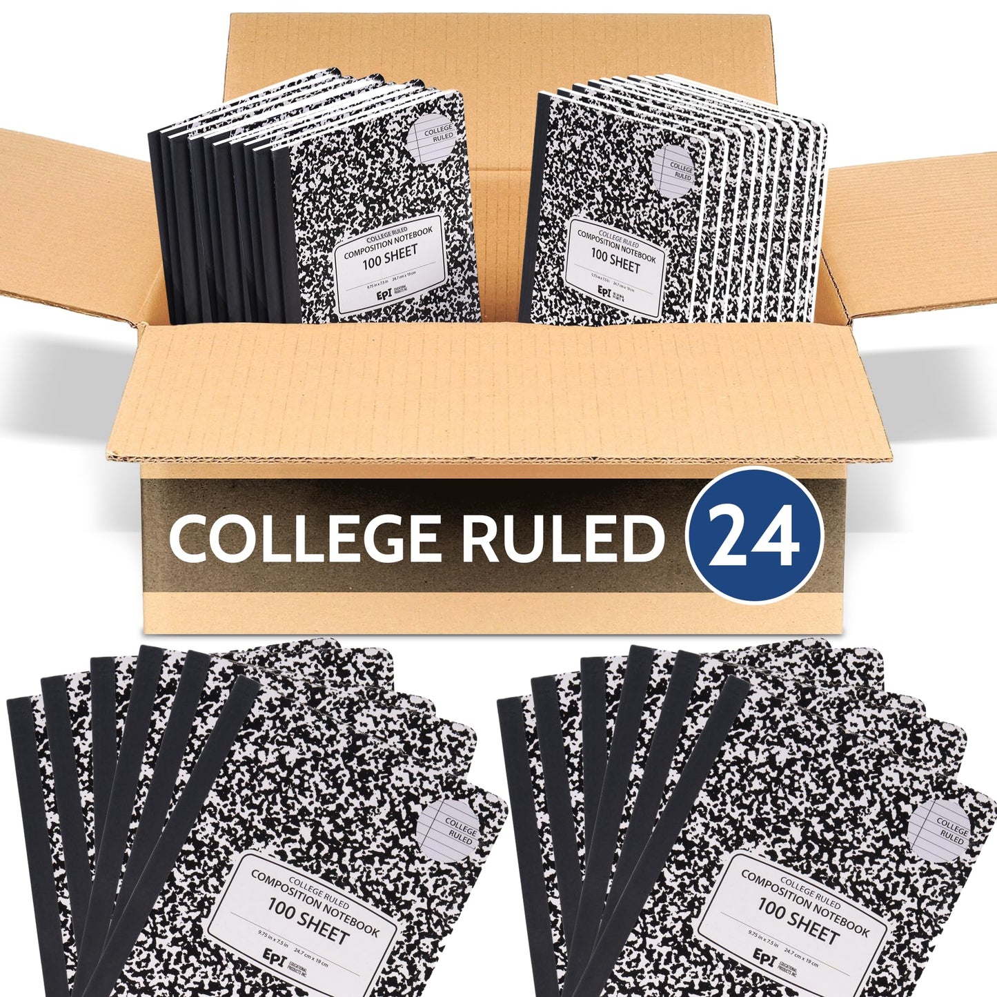 4 Pack - EPI Marble Hardcover Wide Ruled Composition Notebook | 200 Pages (100 Sheets), 9.75 x 7.5 in, Sturdy Sewn Binding | School, Office, Journaling, Notes