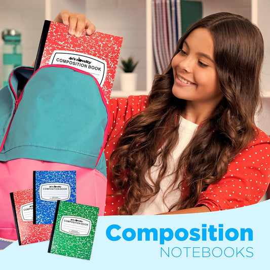 4E's Novelty Wide Ruled Composition Notebooks - Pack of 3-100 Sheets 9.75" x 7.5" - Hard Cover Red Blue Green Cute Marble Colors, Bulk Compositon Book Wide Ruling, Back to School Supplies