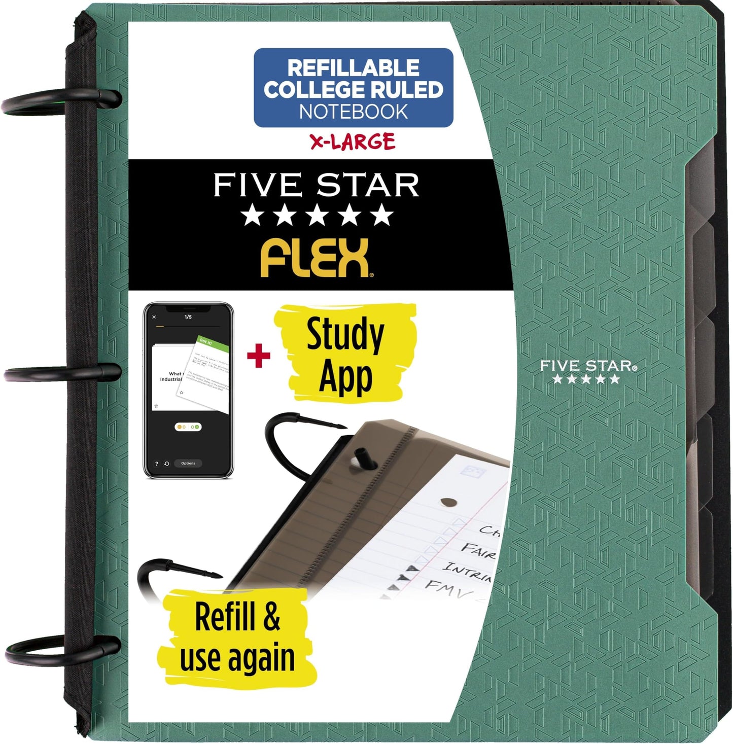 Five Star Flex Refillable Notebook + Study App, College Ruled Paper and 1-1/2 Inch TechLock Ring Binder with Pockets, Tabs and Dividers, 300 Sheet Capacity, Pacific Blue (29324AD2)