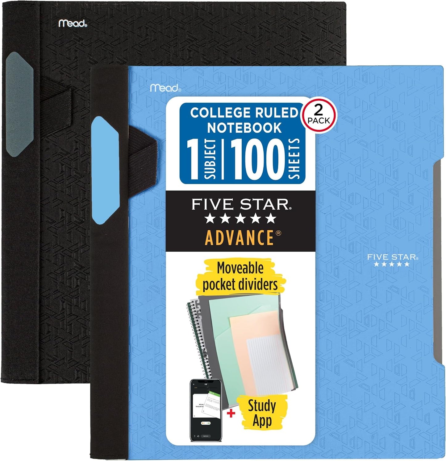Five Star Advance Spiral Notebooks + Study App, 2 Pack, 1 Subject, College Ruled Paper, 11" x 8-1/2", 100 Sheets, With Spiral Guard and Movable Dividers, Black, Pacific Blue (820112)