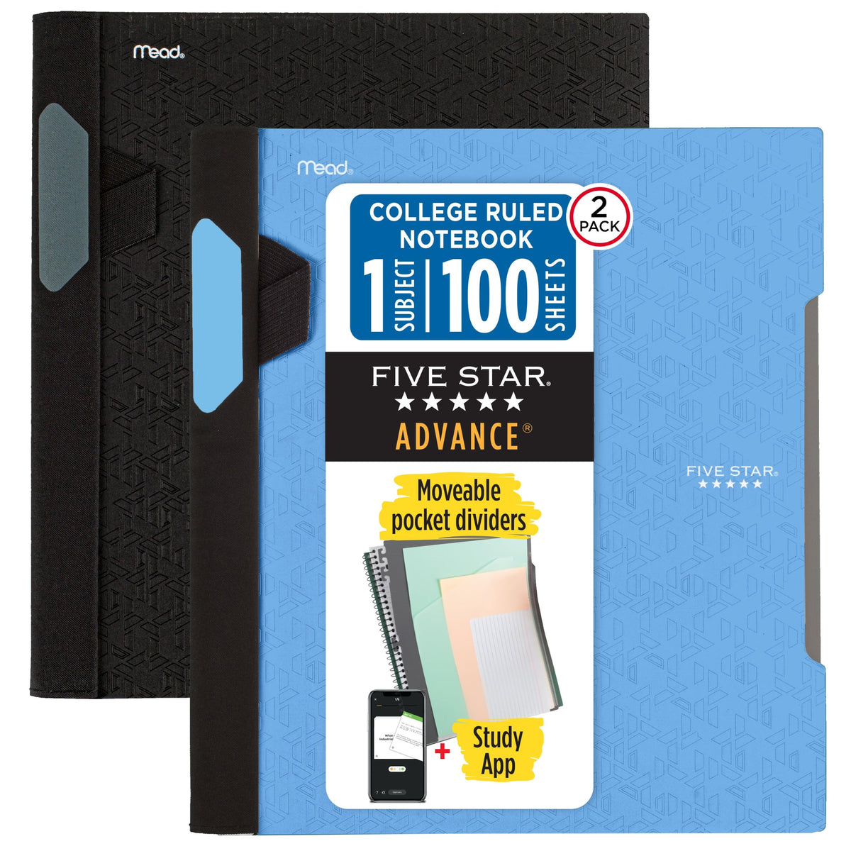 Five Star Advance Spiral Notebooks + Study App, 2 Pack, 1 Subject, College Ruled Paper, 11" x 8-1/2", 100 Sheets, With Spiral Guard and Movable Dividers, Black, Pacific Blue (820112)