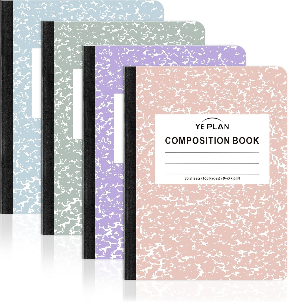 Yeplan Composition Notebooks 4 pack, Wide Ruled Notebook Paper, 9 3/4" x 7 1/2", 80 Sheets/160 Pages, Aesthetic Marble Composition Notebook for School & Office Supplies (4, Pastel Marble Colors)