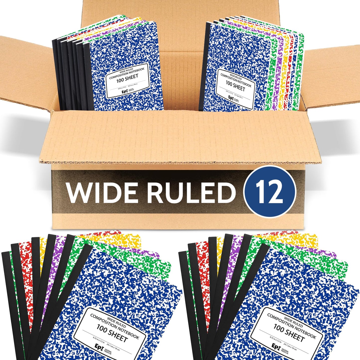 4 Pack - EPI Marble Hardcover Wide Ruled Composition Notebook | 200 Pages (100 Sheets), 9.75 x 7.5 in, Sturdy Sewn Binding | School, Office, Journaling, Notes