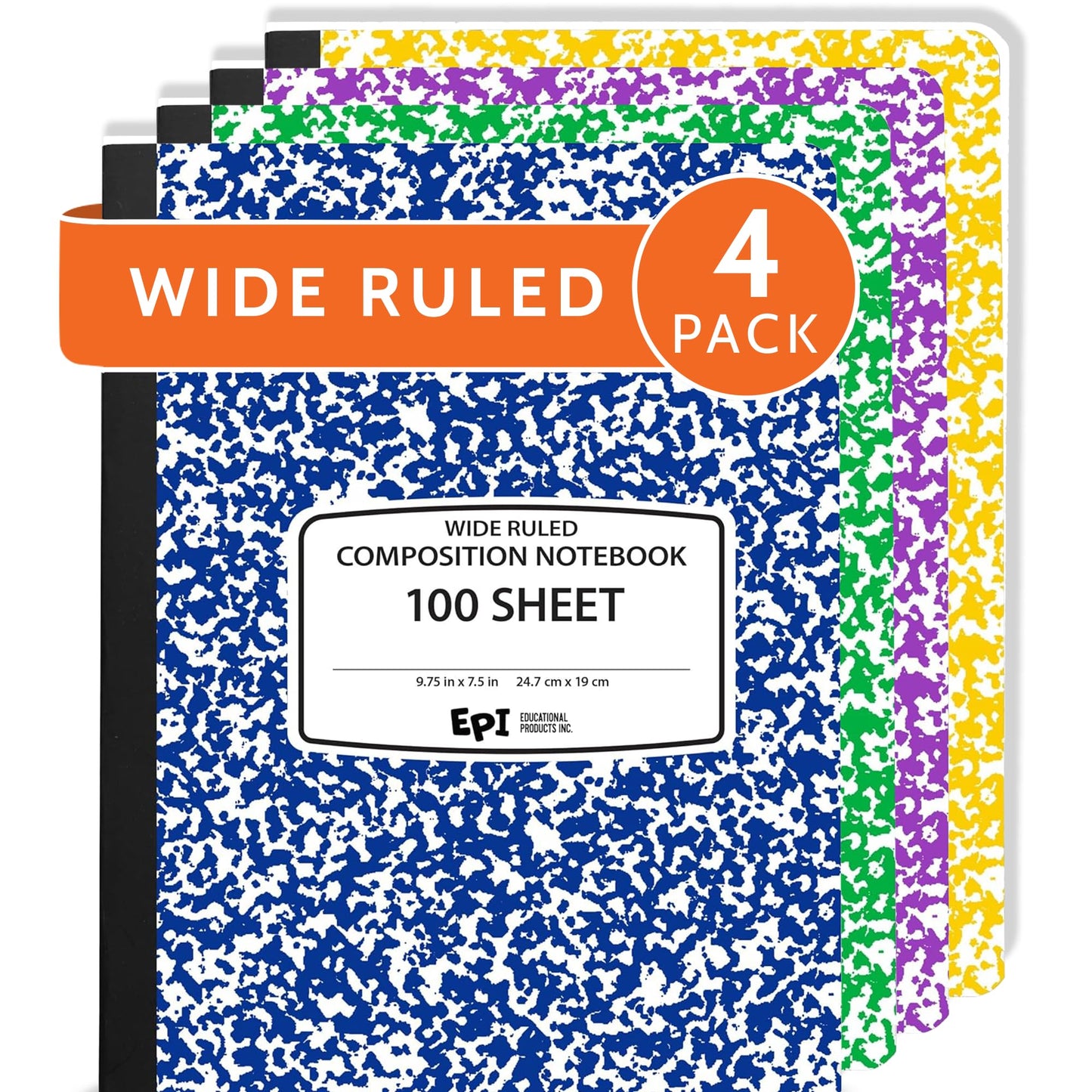 4 Pack - EPI Marble Hardcover Wide Ruled Composition Notebook | 200 Pages (100 Sheets), 9.75 x 7.5 in, Sturdy Sewn Binding | School, Office, Journaling, Notes