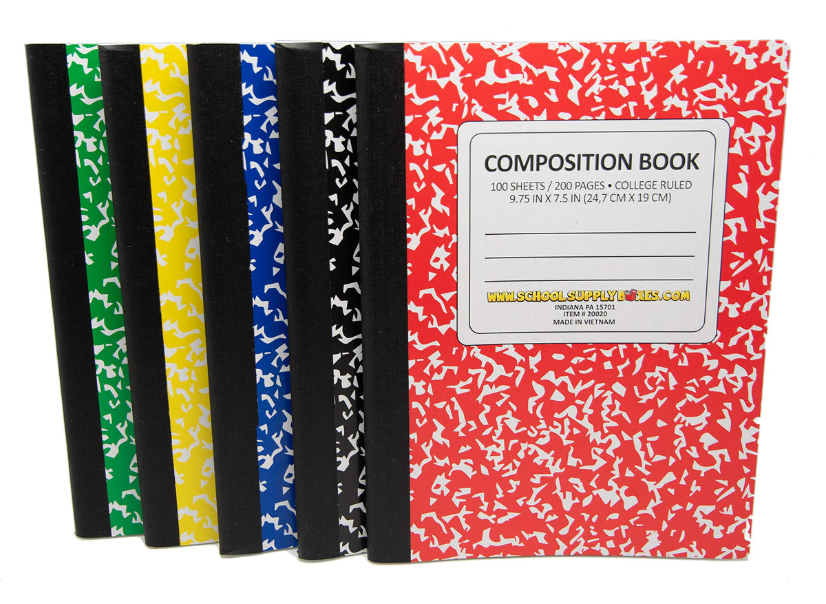 100 Sheet Composition Notebooks - School Supply Boxes - 5 Wide Ruled Writing Notebooks - 1 Black, 1 Red, 1 Green, 1 Blue, and 1 Yellow (Wide Ruled)