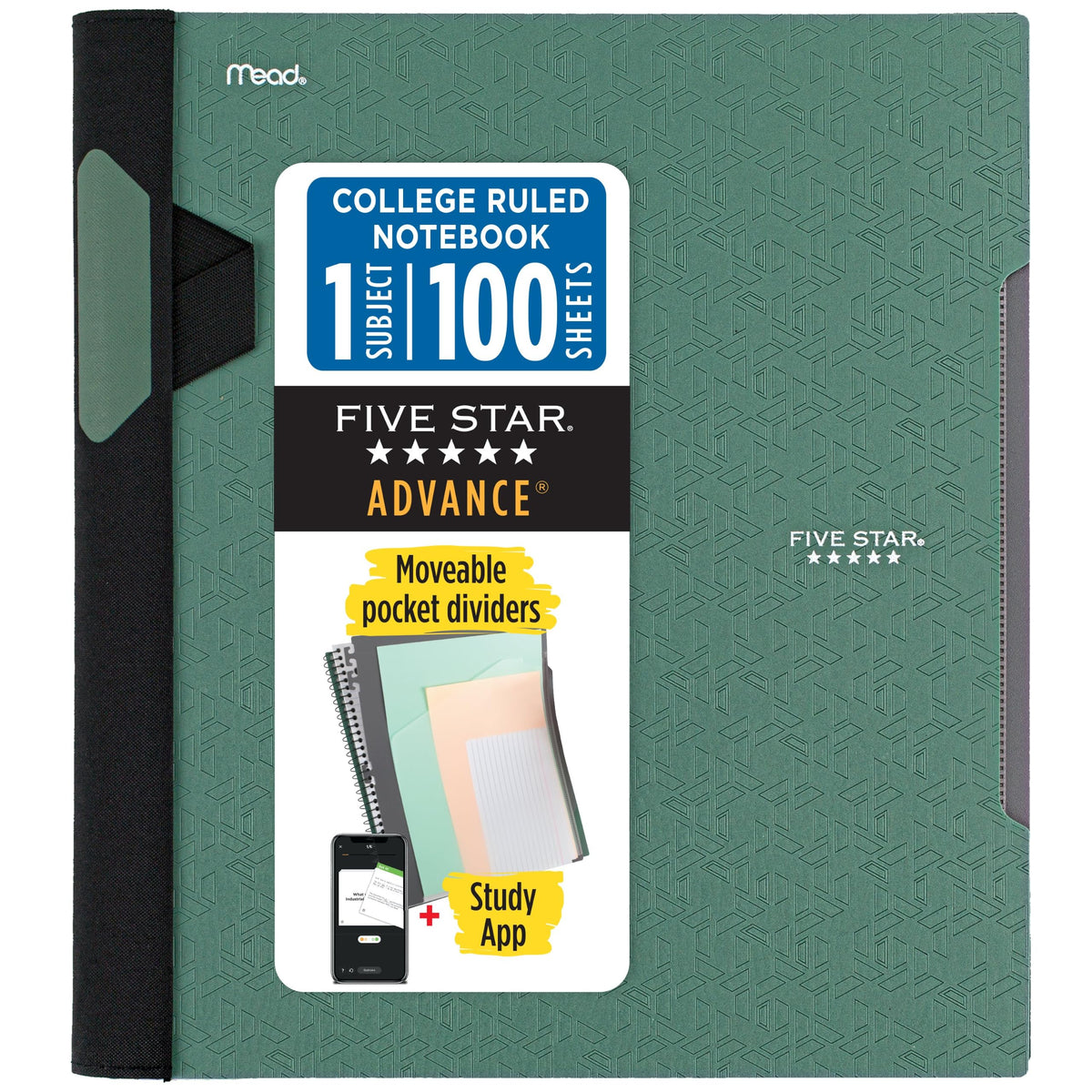 Five Star Advance Spiral Notebooks + Study App, 2 Pack, 1 Subject, College Ruled Paper, 11" x 8-1/2", 100 Sheets, With Spiral Guard and Movable Dividers, Black, Pacific Blue (820112)