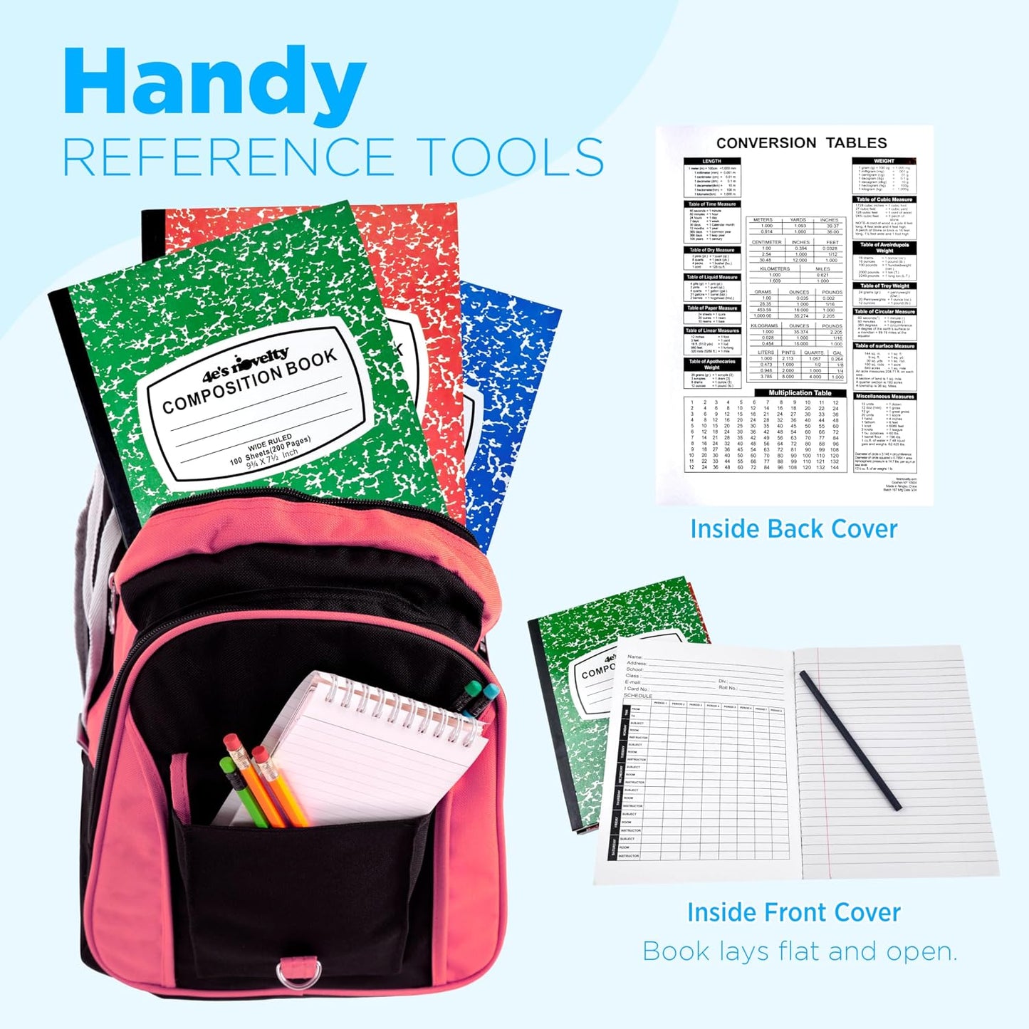 4E's Novelty Wide Ruled Composition Notebooks - Pack of 3-100 Sheets 9.75" x 7.5" - Hard Cover Red Blue Green Cute Marble Colors, Bulk Compositon Book Wide Ruling, Back to School Supplies