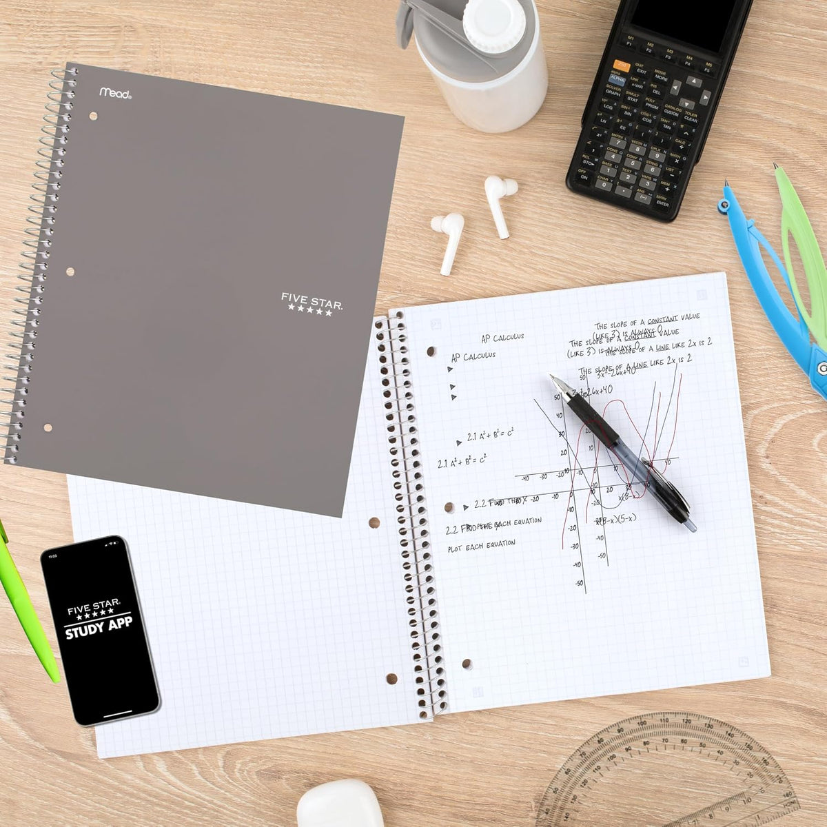 Five Star Spiral Notebook + Study App, 1 Subject, Graph Ruled Paper, 8-1/2" x 11", 100 Sheets, Fights Ink Bleed, Water Resistant Cover, Gray (620000AA3)