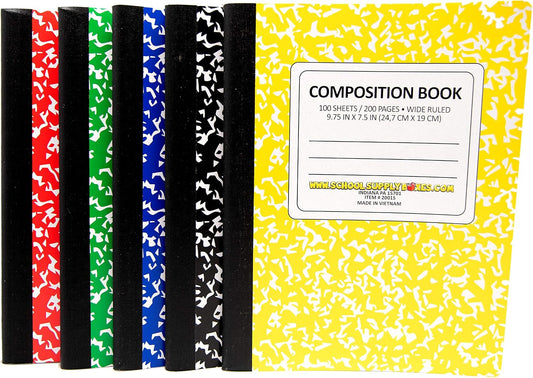100 Sheet Composition Notebooks - School Supply Boxes - 5 Wide Ruled Writing Notebooks - 1 Black, 1 Red, 1 Green, 1 Blue, and 1 Yellow (Wide Ruled)