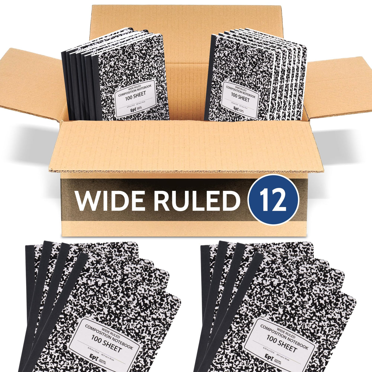 4 Pack - EPI Marble Hardcover Wide Ruled Composition Notebook | 200 Pages (100 Sheets), 9.75 x 7.5 in, Sturdy Sewn Binding | School, Office, Journaling, Notes