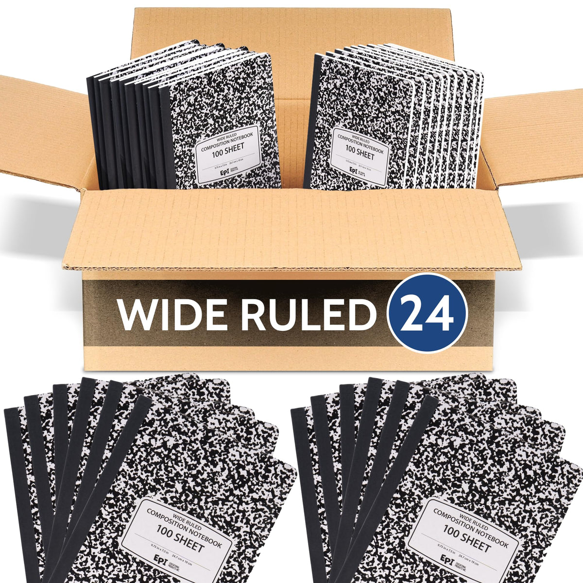 4 Pack - EPI Marble Hardcover Wide Ruled Composition Notebook | 200 Pages (100 Sheets), 9.75 x 7.5 in, Sturdy Sewn Binding | School, Office, Journaling, Notes