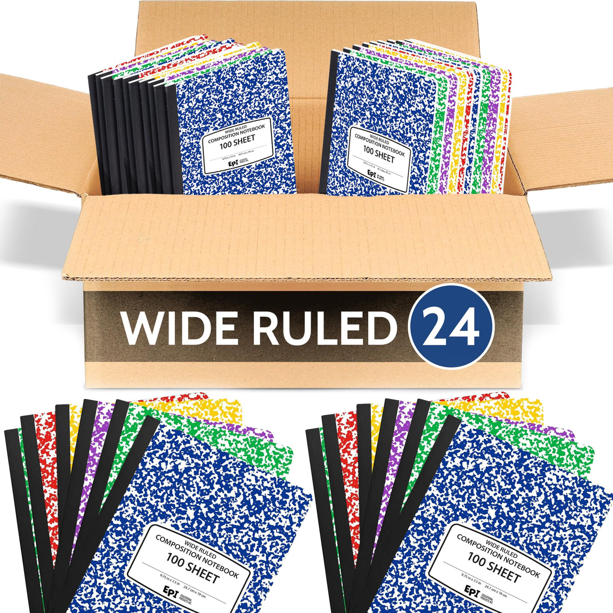 4 Pack - EPI Marble Hardcover Wide Ruled Composition Notebook | 200 Pages (100 Sheets), 9.75 x 7.5 in, Sturdy Sewn Binding | School, Office, Journaling, Notes