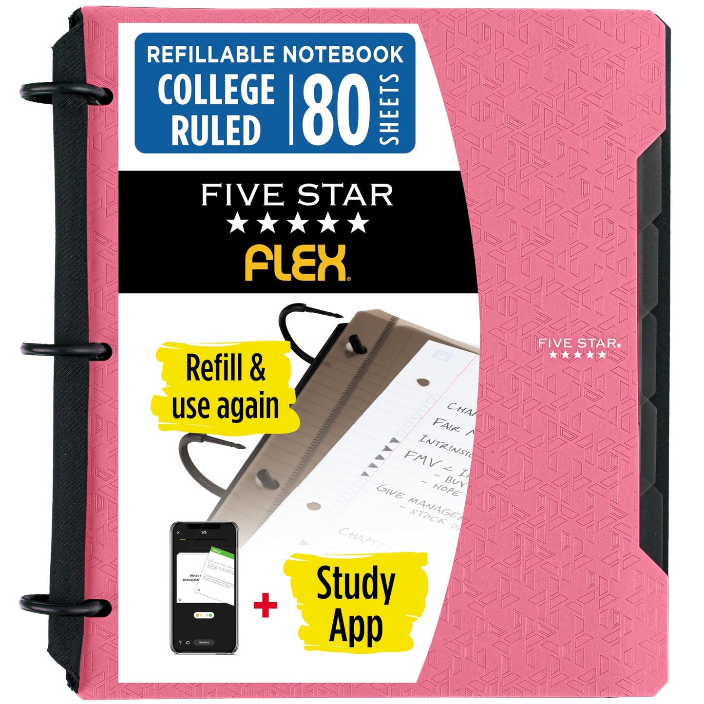 Five Star Flex Refillable Notebook + Study App, College Ruled Paper and 1-1/2 Inch TechLock Ring Binder with Pockets, Tabs and Dividers, 300 Sheet Capacity, Pacific Blue (29324AD2)